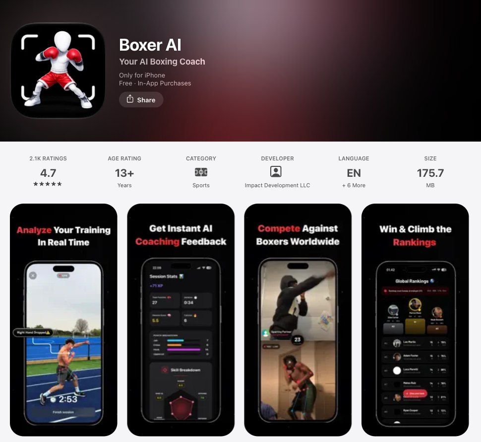 Boxer AI's US App Store page: 4.7 stars from 2.1K ratings, and screenshots headed Analyze your training in real time, Get instant AI coaching feedback, Compete against boxers worldwide, and Win and climb the rankings.