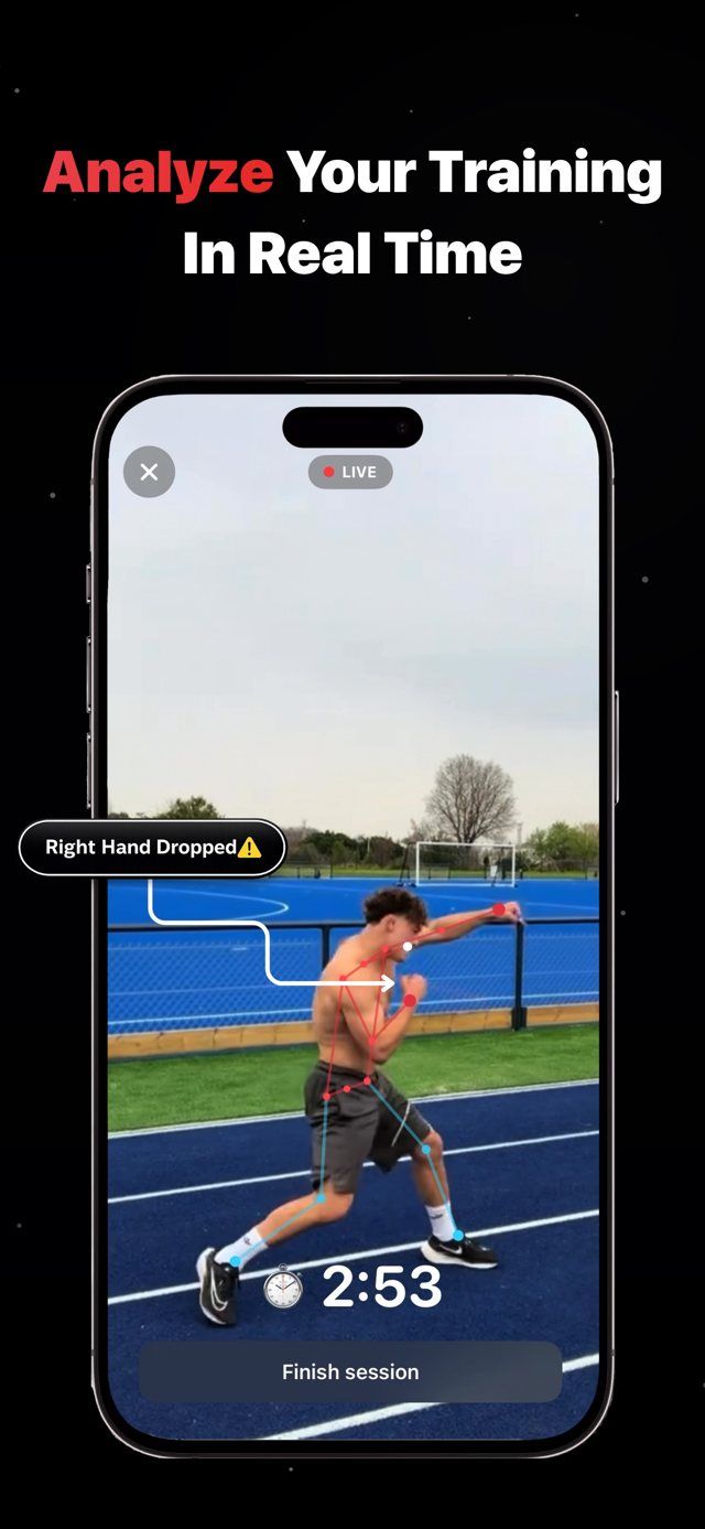 Boxer AI screenshot: a man shadowboxes on a running track with a skeleton drawn over his body, a 2:53 timer, and a callout that reads Right Hand Dropped.