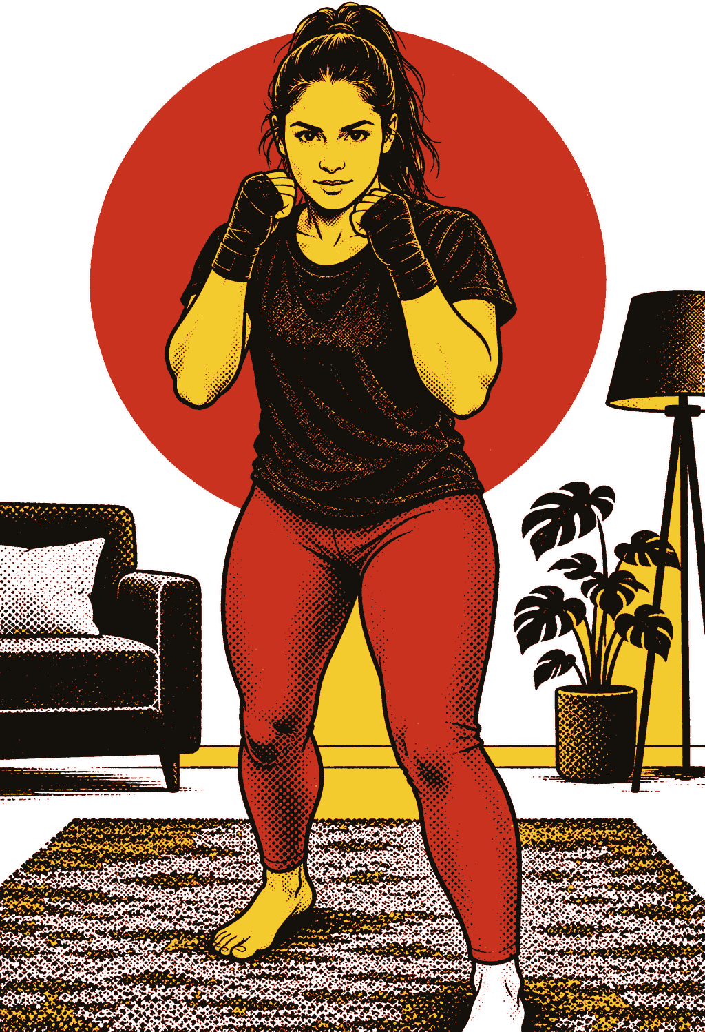 A woman in boxing guard in her living room, hands wrapped, fists at her chin, under a red sun