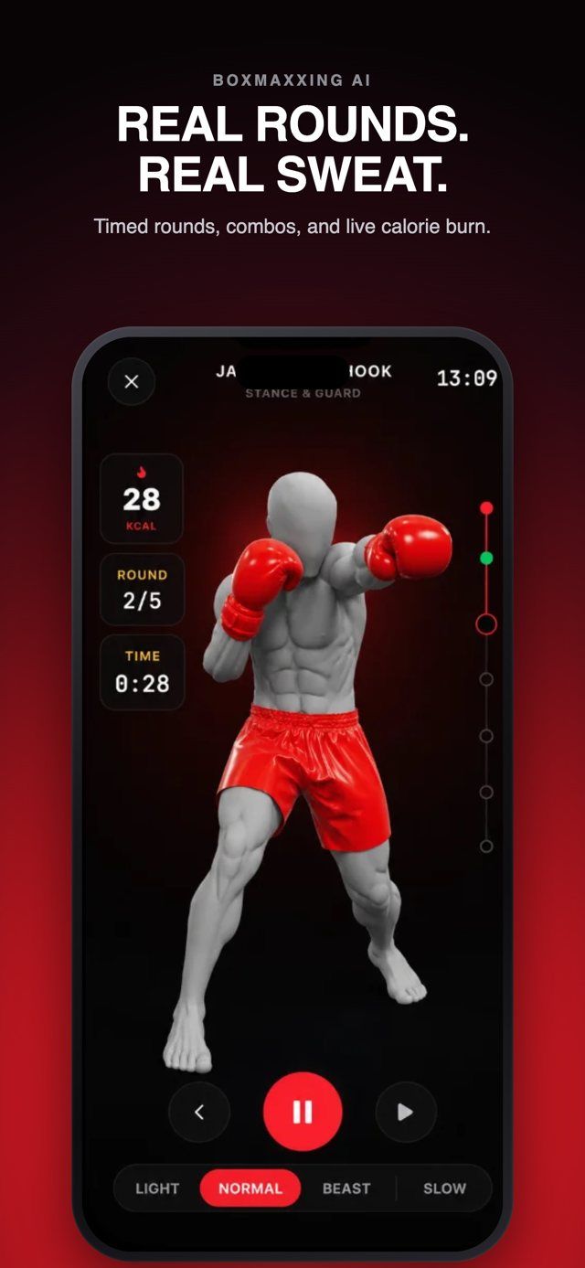 BoxMaxxing screenshot: a grey 3D mannequin in red gloves throws a jab. A panel shows 28 kcal, round 2 of 5, and 0:28, with speed buttons Light, Normal, Beast, and Slow.