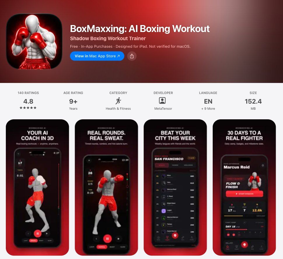 BoxMaxxing's US App Store page: 4.8 stars from 140 ratings, and screenshots of a 3D coach, timed rounds, a city league, and a 30-day plan.