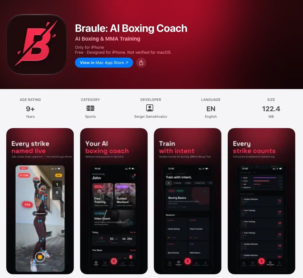 Braule's US App Store page: no ratings yet, and screenshots headed Every strike named live, Your AI boxing coach, Train with intent, and Every strike counts.