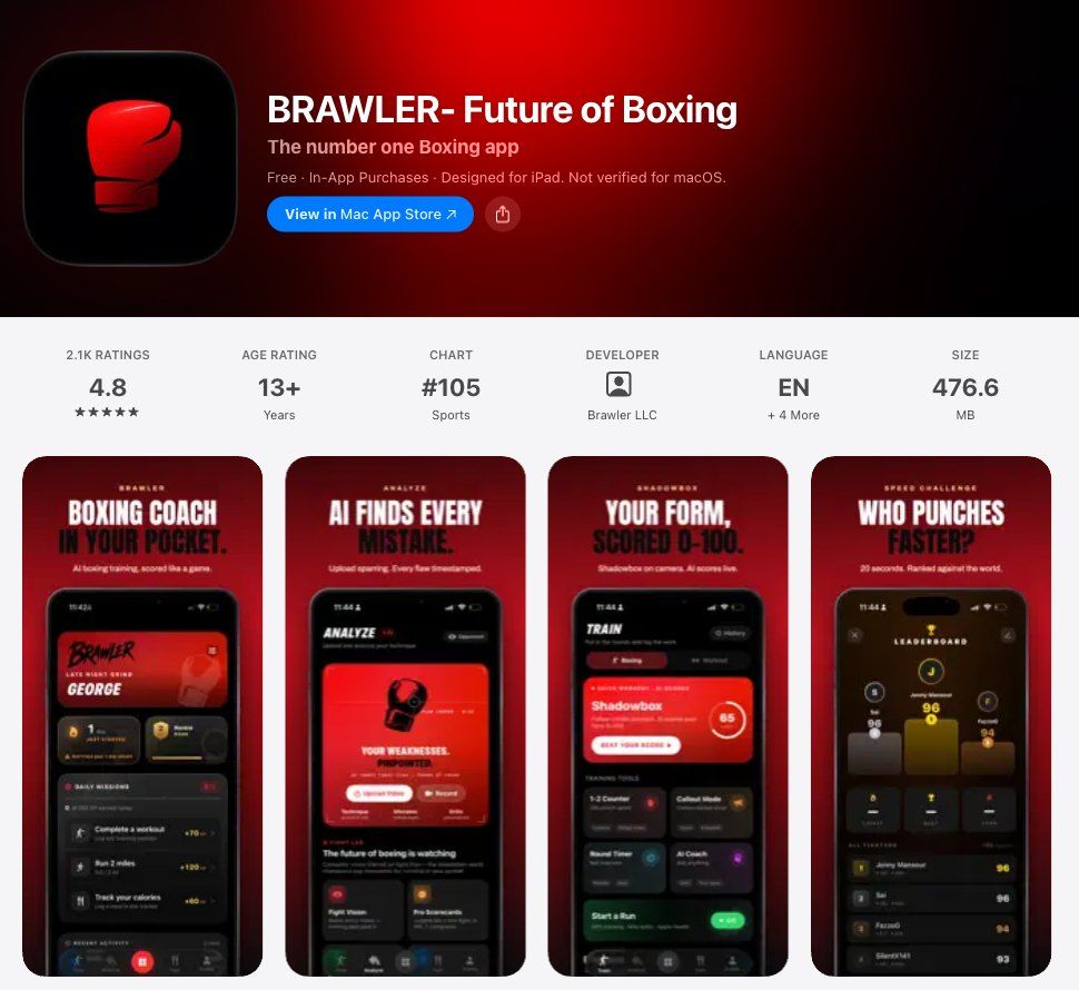 BRAWLER's US App Store page: 4.8 stars from 2.1K ratings, number 105 in Sports, and screenshots headed Boxing coach in your pocket, AI finds every mistake, Your form scored 0-100, and Who punches faster.