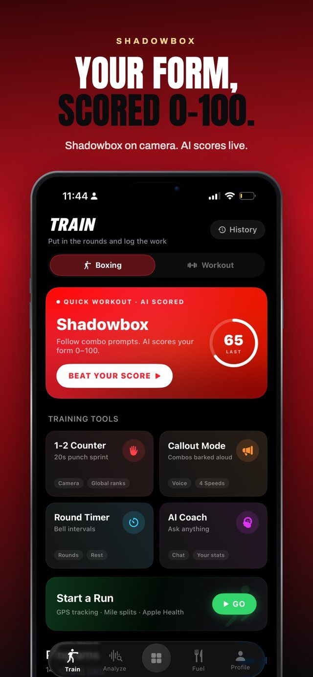 BRAWLER screenshot: the Train tab, with a camera-scored Shadowbox card and a last score of 65, and tiles for 1-2 Counter, Callout Mode, Round Timer, and AI Coach.