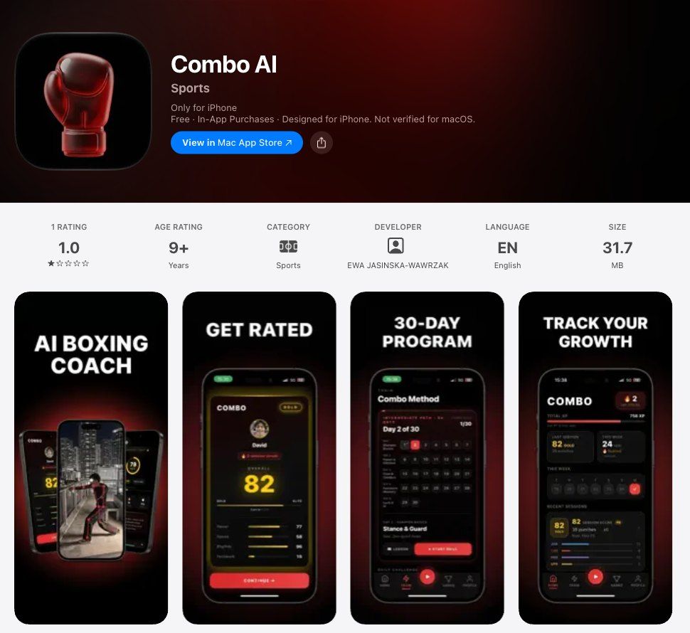 Combo AI's US App Store page: 1 rating, and screenshots headed AI boxing coach, Get rated, 30-day program, and Track your growth.