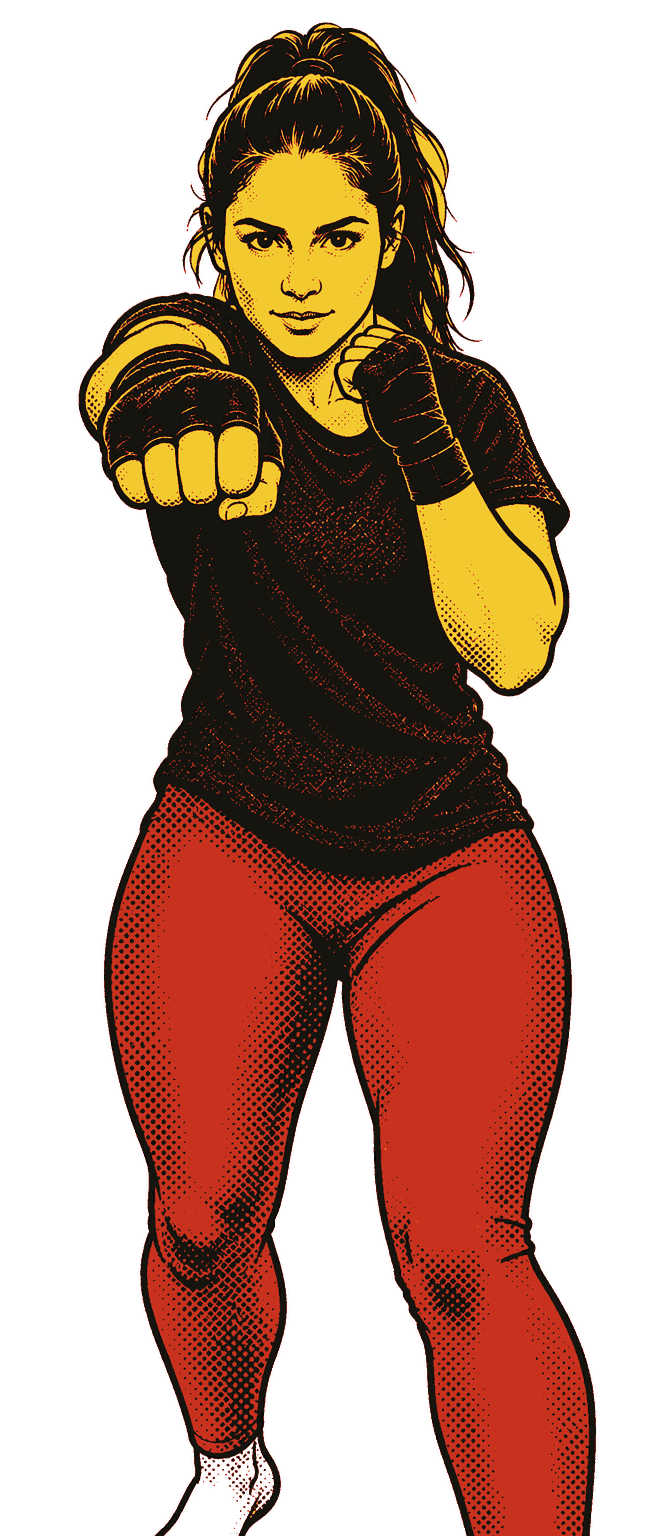 Cross: the right arm straight out, hips turned, the left fist on the chin