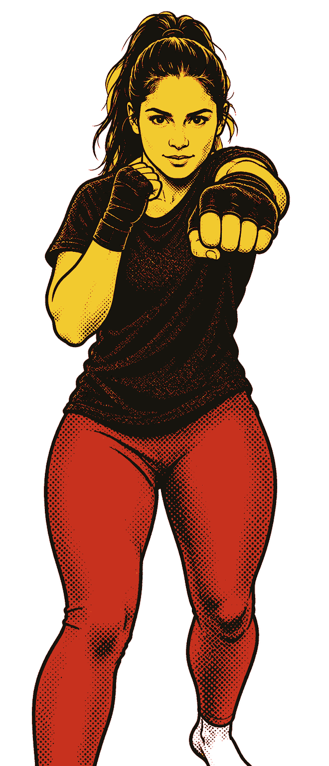 The same woman with her left arm straight out at chin height, her right fist on her chin