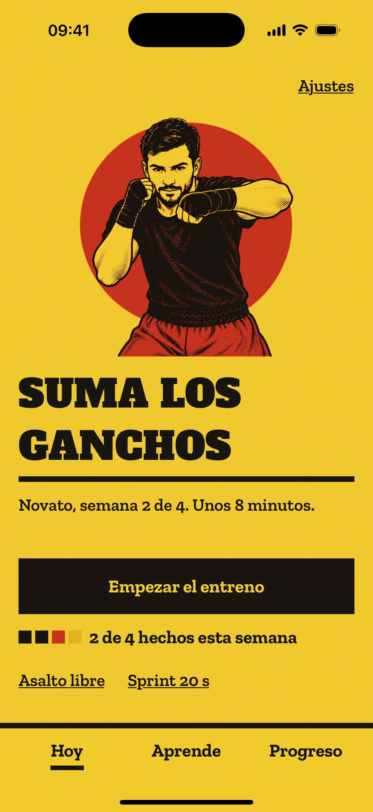 Pantalla Hoy: Suma los ganchos, semana 2 de 4, unos 8 minutos y el botón Empezar el entreno
