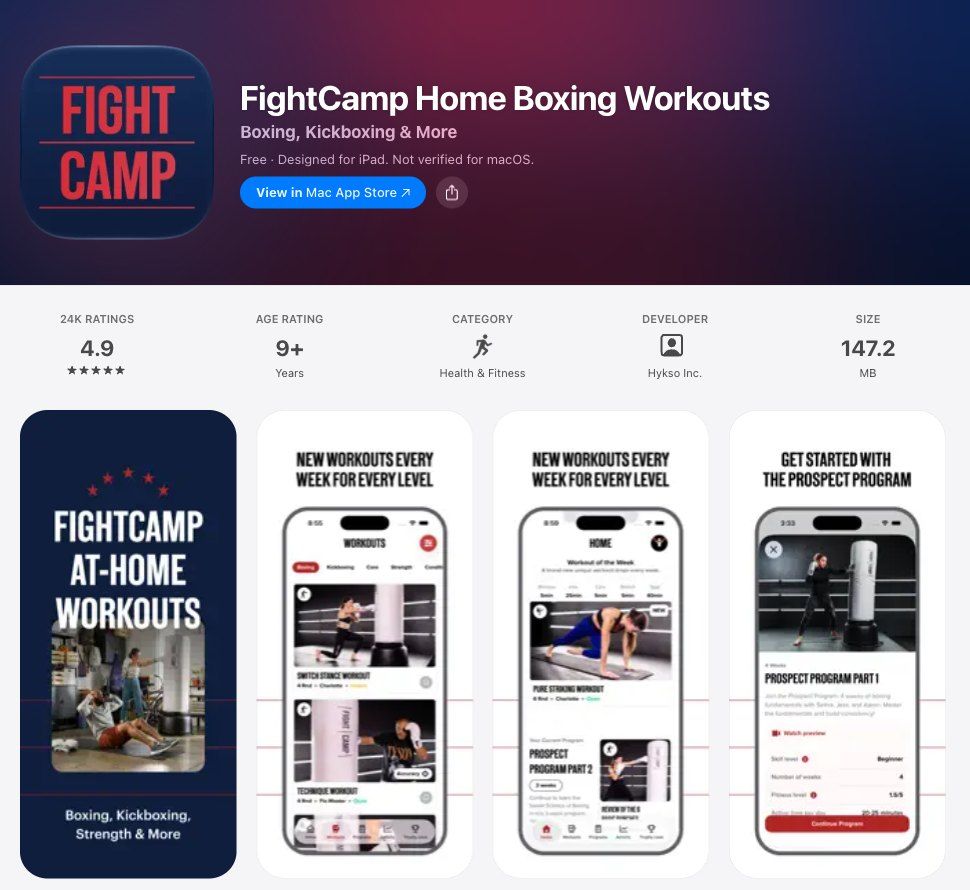 FightCamp's US App Store page: 4.9 stars from 24K ratings, and screenshots of at-home workouts, new workouts every week, and the Prospect program.
