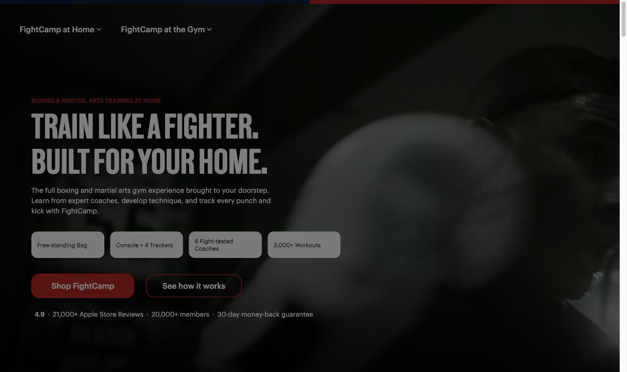 FightCamp's shop page: Train like a fighter, built for your home, with options for a free-standing bag, a console and 4 trackers, fight-tested coaches, and 3,000+ workouts.