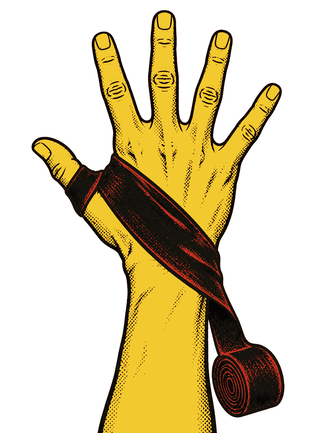 An open hand, fingers spread, a black wrap looped around the thumb and running across the back of the hand to the wrist