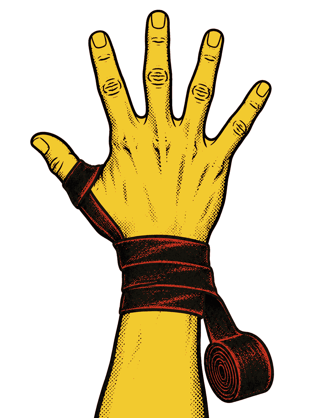 The wrap circles the wrist in three flat bands, the knuckles and fingers still bare