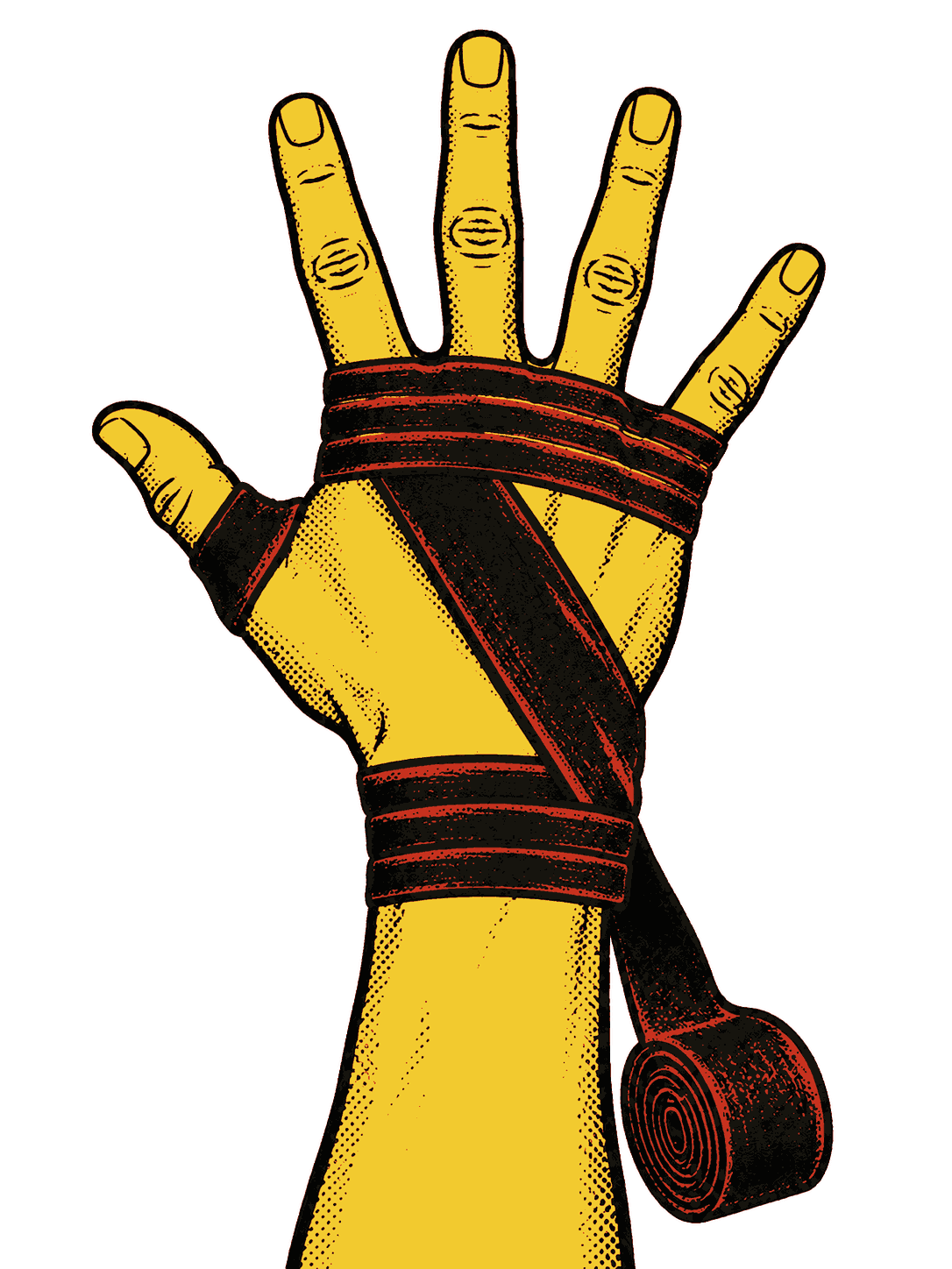 Three flat bands of wrap cover the knuckles, and a strip runs down the back of the hand to the wrist