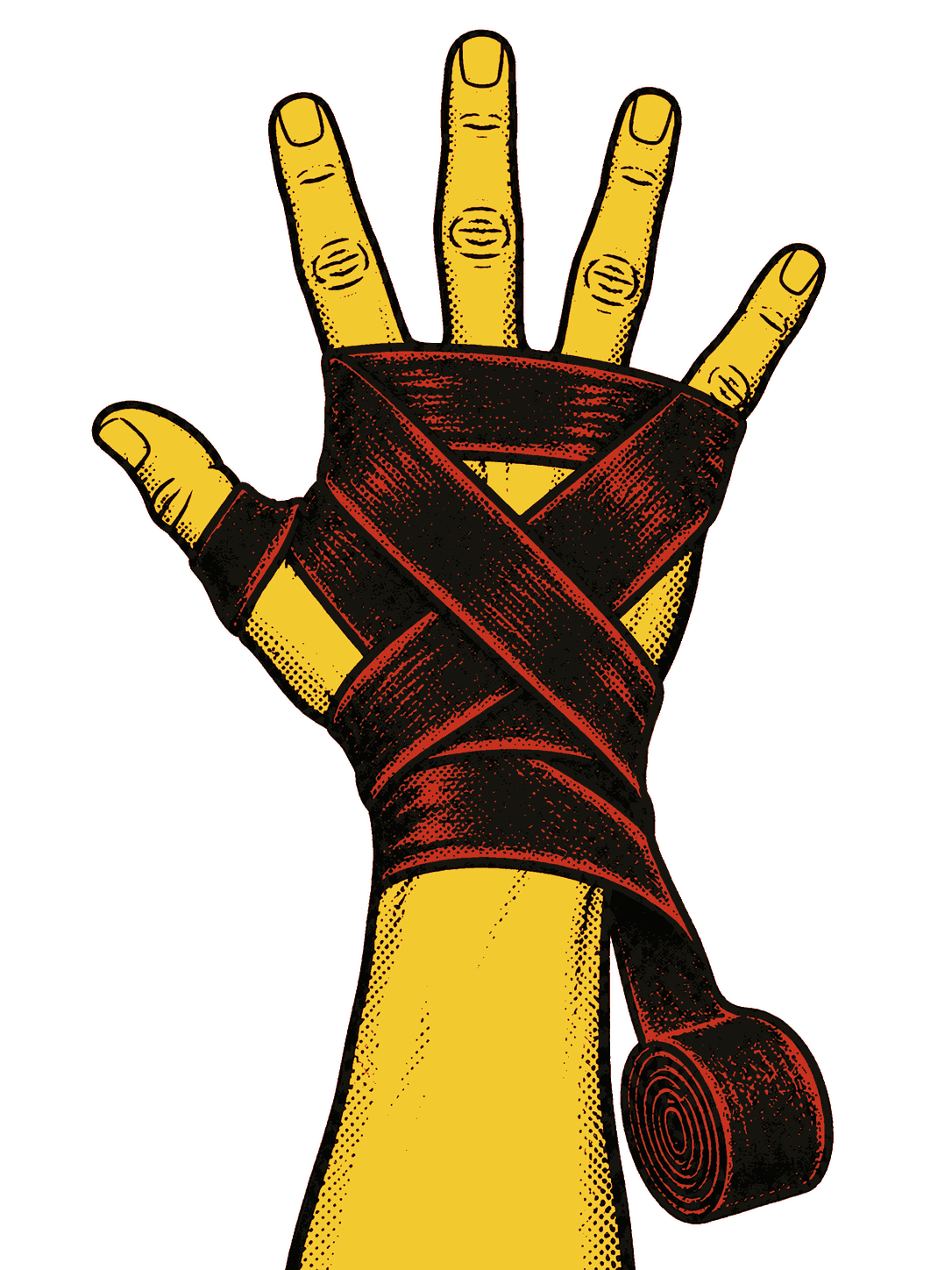 Two strips cross in a large X on the back of the hand, from the knuckles to the wrist
