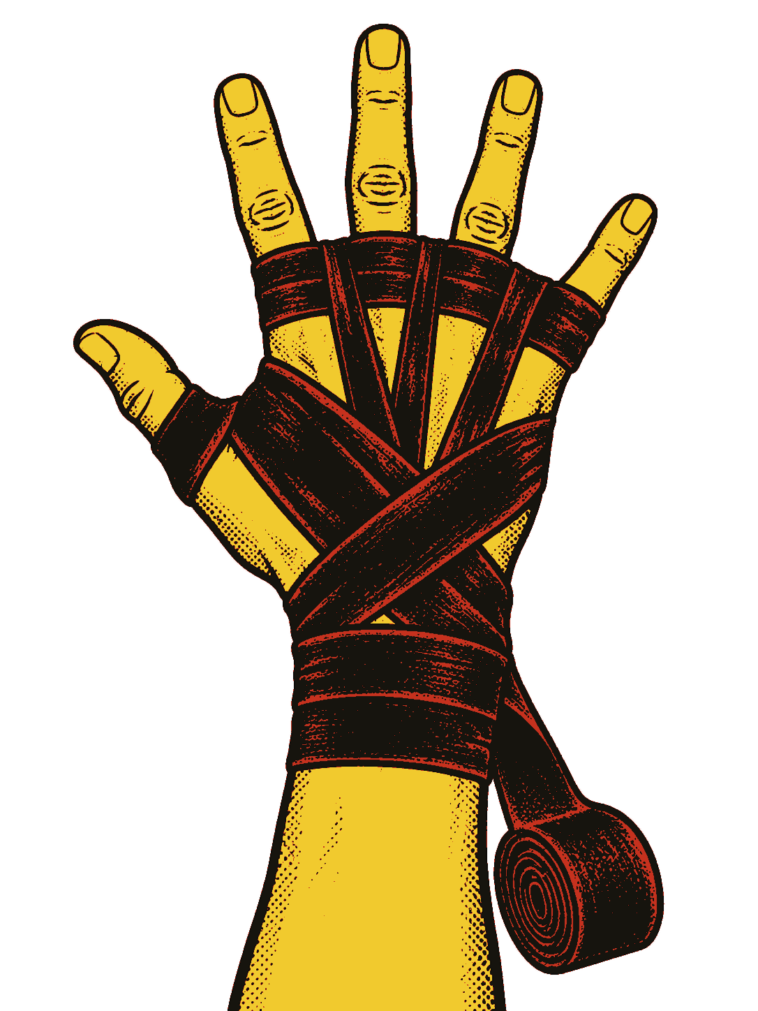 Thin strips of wrap pass between the fingers and run back down to the wrist