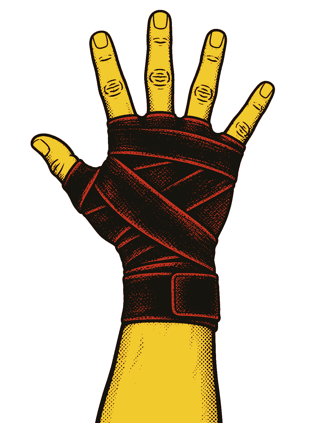 A hand fully wrapped in a black boxing wrap from the wrist to the knuckles, fingertips bare