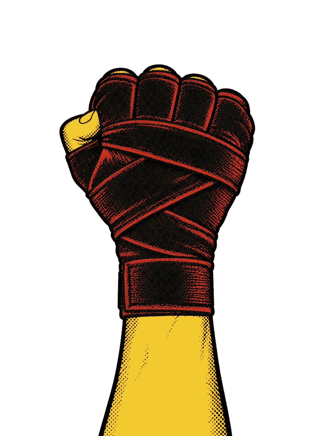 The wrapped hand closed into a firm fist, the wrist straight in line with the forearm