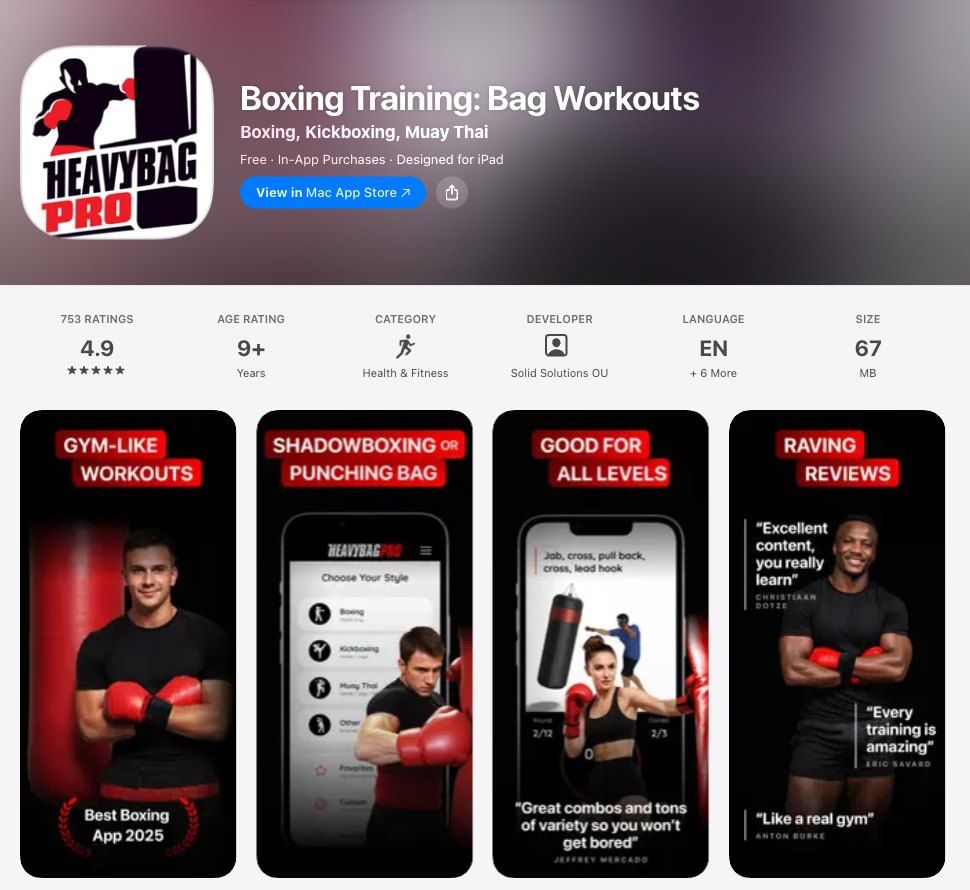 Heavy Bag Pro's US App Store page, listed as Boxing Training: Bag Workouts: 4.9 stars from 753 ratings, and screenshots headed Gym-like workouts, Shadowboxing or punching bag, Good for all levels, and Raving reviews.