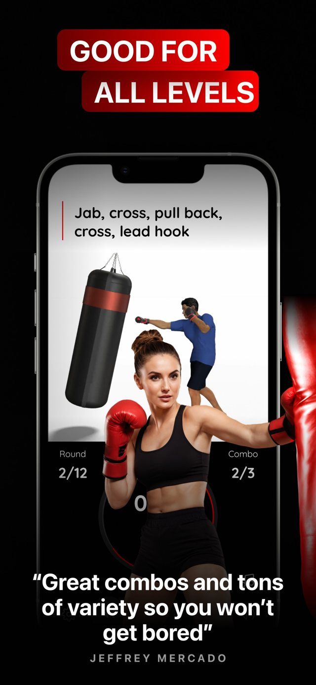 Heavy Bag Pro screenshot: a workout screen with the combo Jab, cross, pull back, cross, lead hook above a 3D figure on a heavy bag, round 2 of 12, under a photo of a woman in red gloves.
