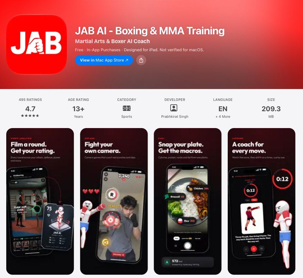 JAB AI's US App Store page: 4.7 stars from 495 ratings, and screenshots headed Film a round, Fight your own camera, Snap your plate, and A coach for every move.