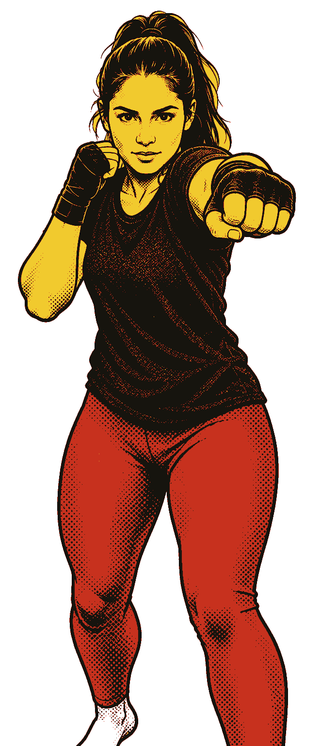 Jab: the left arm straight out at chin height, the right fist on the chin