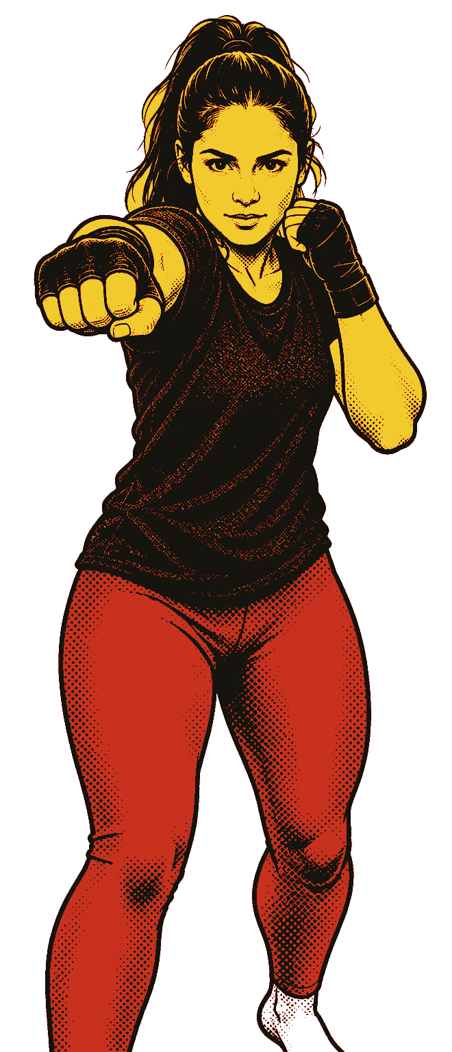The same woman with her right arm straight out at chin height, her left fist on her chin