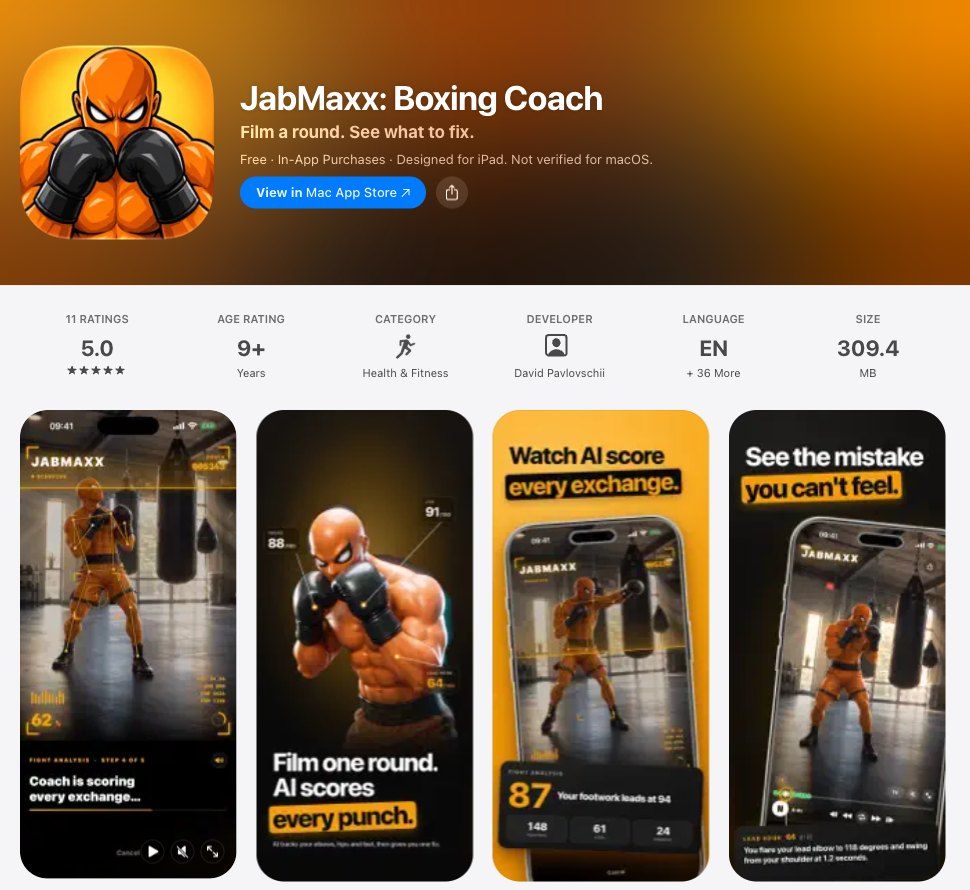 JabMaxx's US App Store page: 5.0 from 11 ratings, and screenshots of an illustrated boxer under scores, headed Film one round and See the mistake you can't feel.
