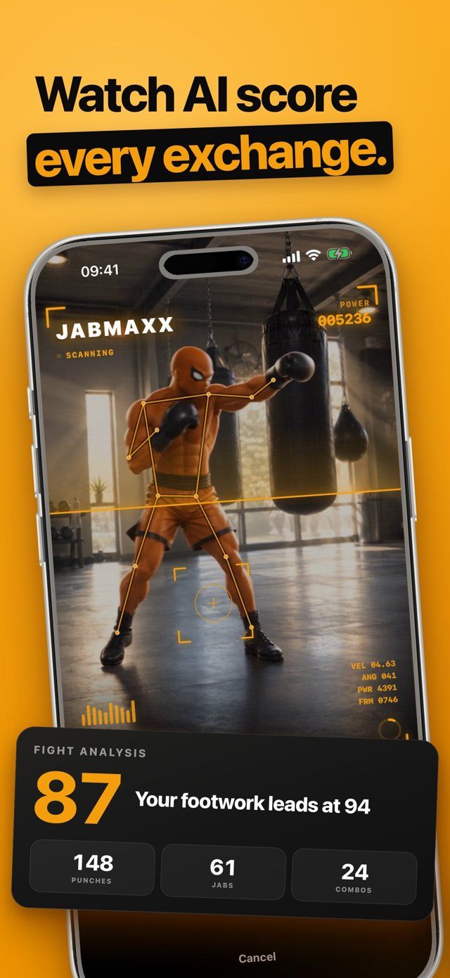 JabMaxx screenshot: an illustrated boxer under a skeleton overlay, with a fight analysis score of 87 and counts of 148 punches, 61 jabs, and 24 combos.