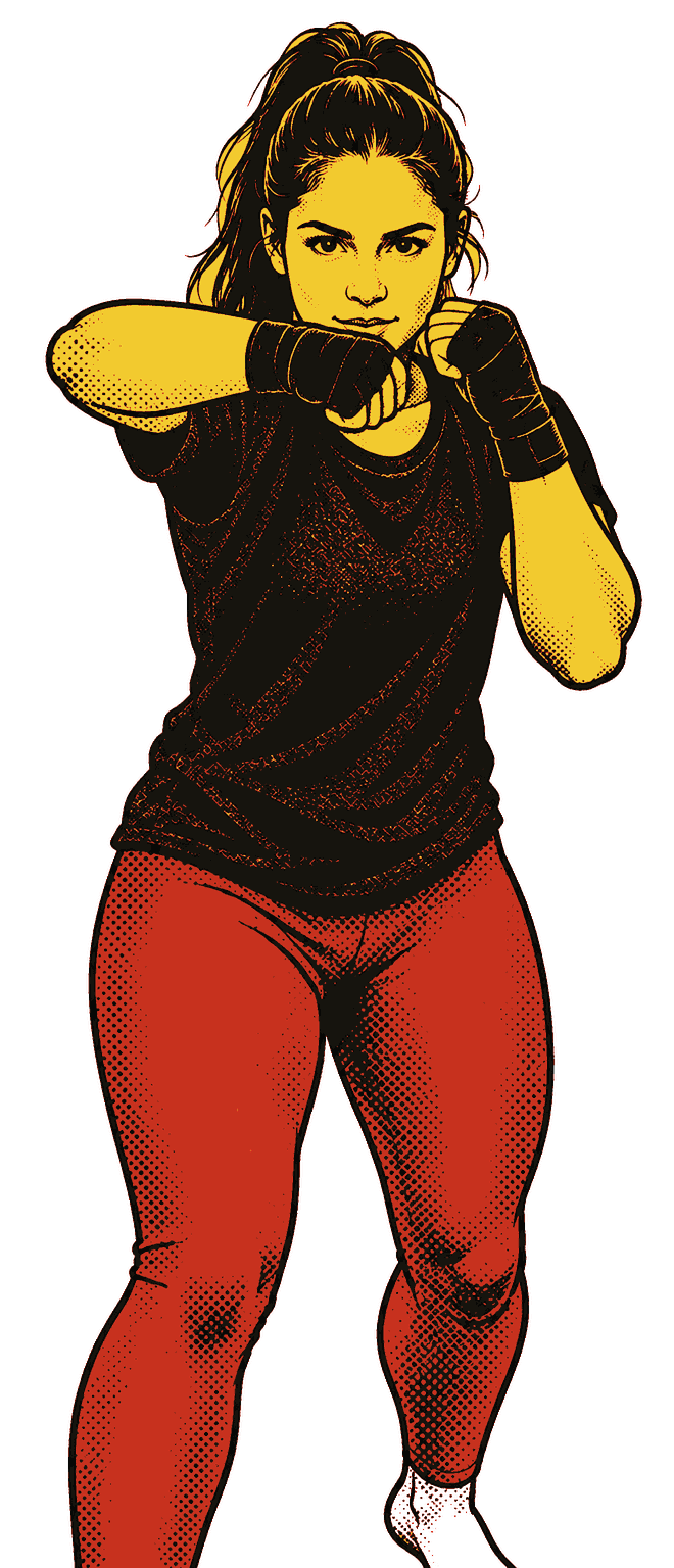 A woman in southpaw stance throwing a lead hook: right elbow up, the arm bent across in front of her face, left fist on her chin