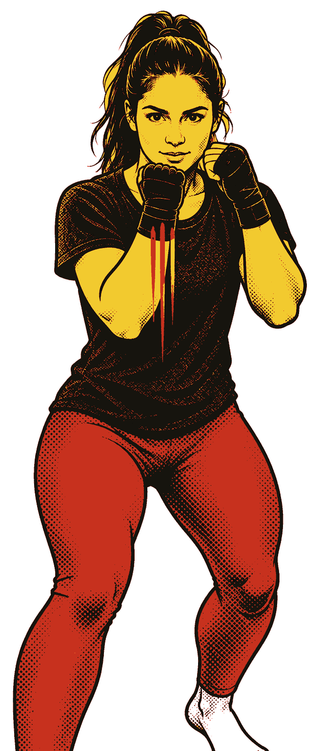 A woman in southpaw stance throwing a lead uppercut: knees bent, her right fist driven up in front of her chin, left fist on her chin