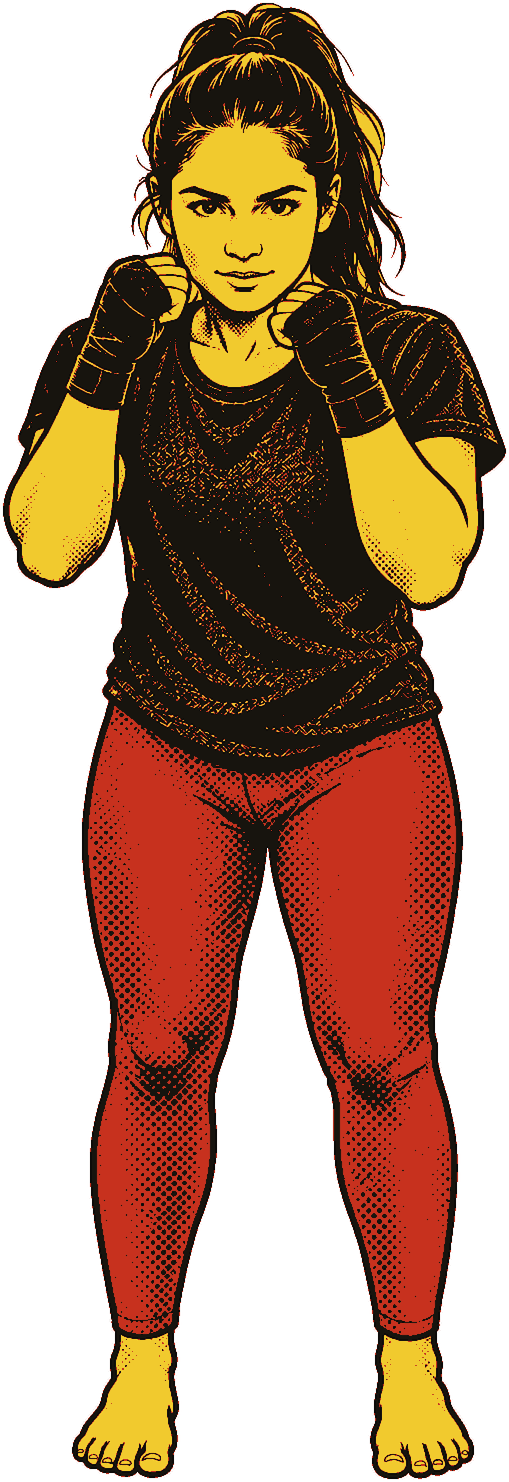 A woman standing square, both feet side by side, knees straight, hands up