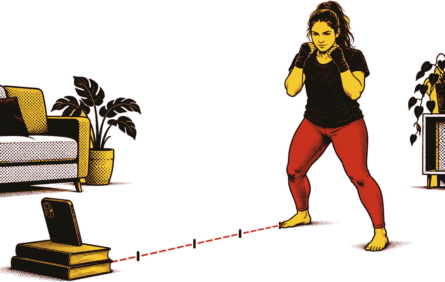 A woman in boxing guard in her living room, hands wrapped, two meters from a phone propped on a stack of books. A dashed line on the floor marks the distance.