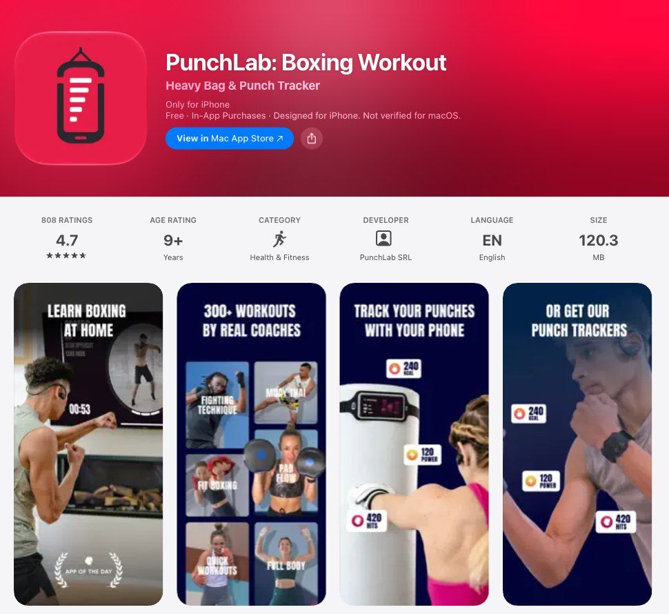 PunchLab's US App Store page: 4.7 stars from 808 ratings, and screenshots headed Learn boxing at home, 300+ workouts by real coaches, Track your punches with your phone, and Or get our punch trackers.