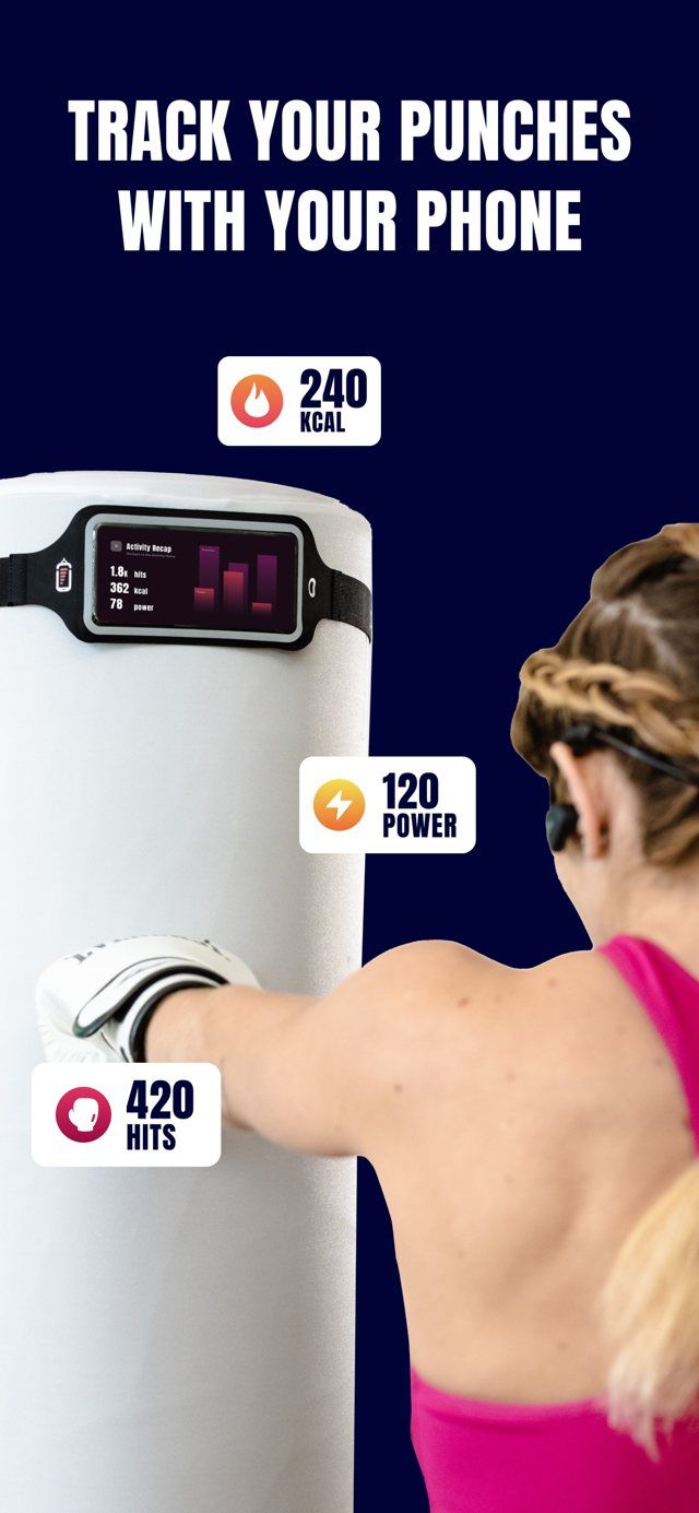 PunchLab screenshot: a woman punches a standing bag with a phone strapped to it. The phone shows a recap of 1.8k hits, 362 kcal, and 78 power.