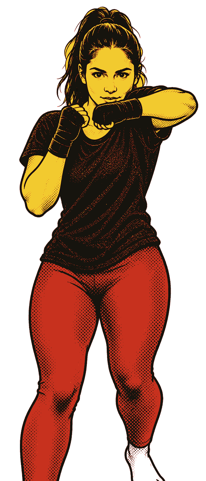 The same woman throwing a rear hook: left elbow up, the arm bent across in front of her face, right fist on her chin