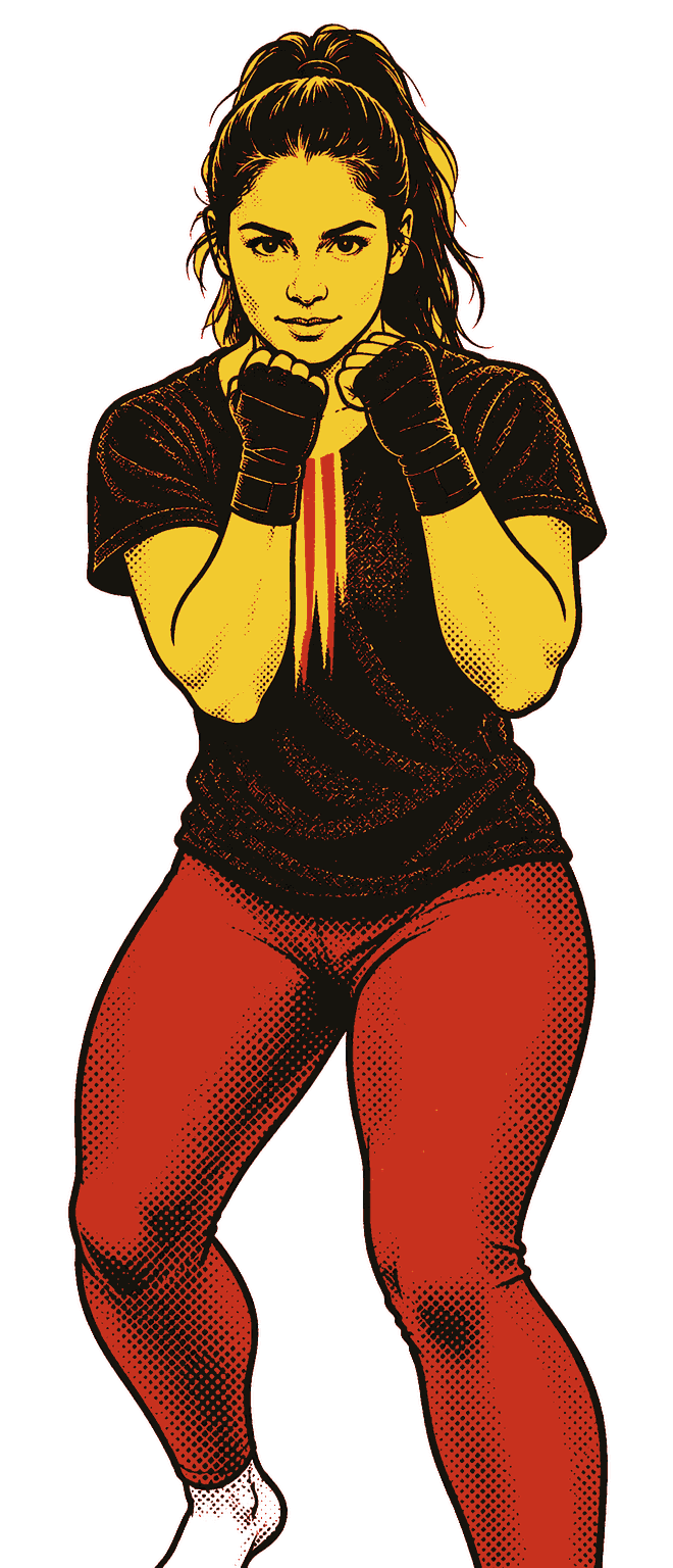 Rear uppercut: knees bent, the right fist driving up as the hips turn