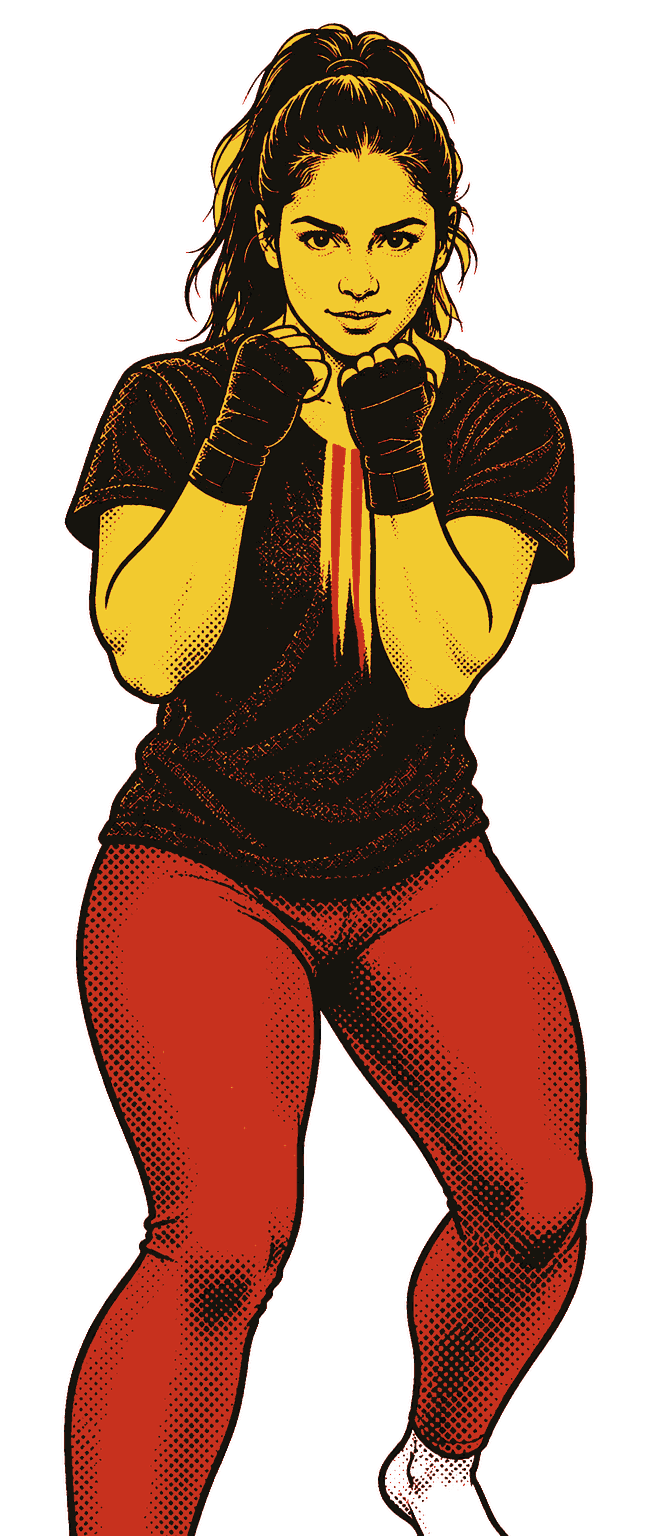 The same woman throwing a rear uppercut: knees bent, her left fist driven up in front of her chin, right fist on her chin