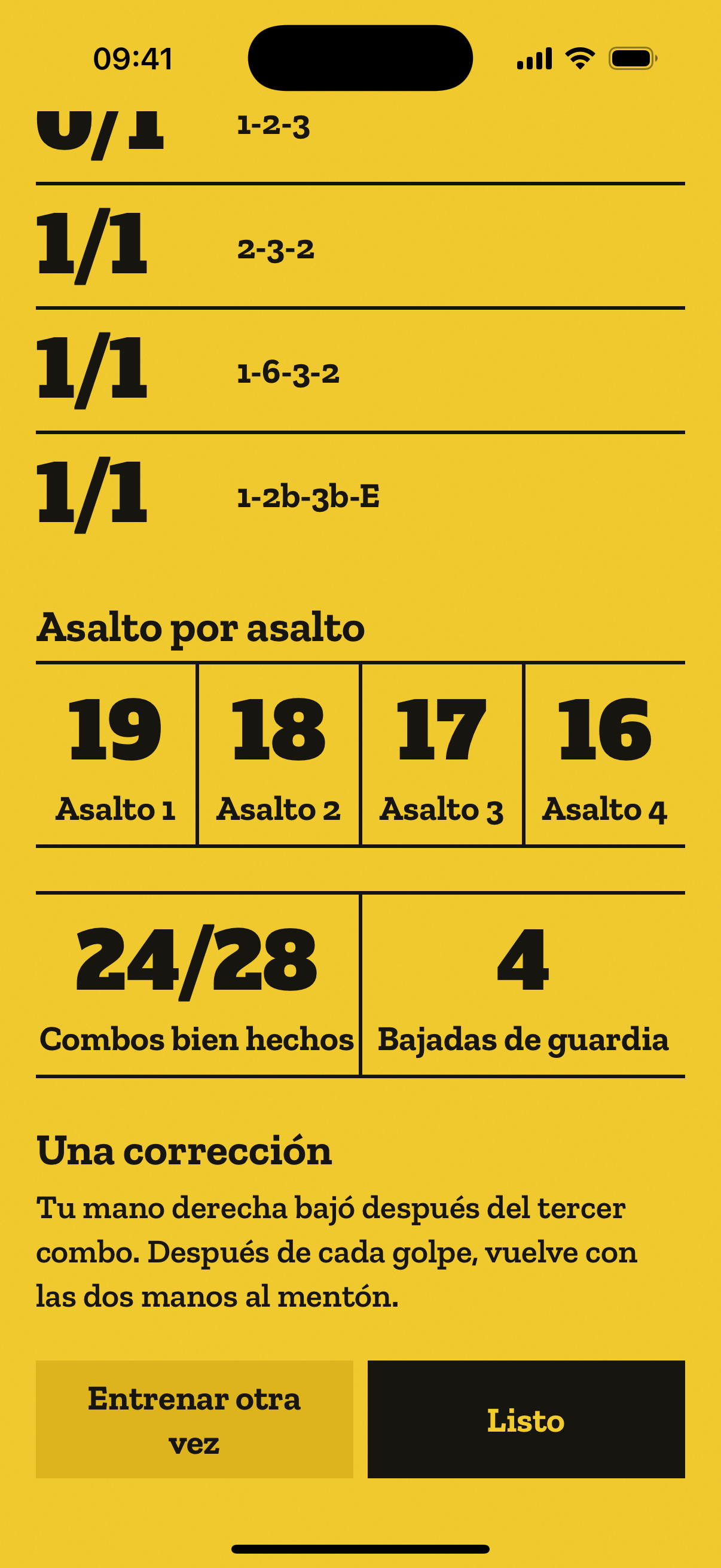 El resumen: los combos uno por uno, los golpes de cada asalto, 24 de 28 combos bien hechos, 4 bajadas de guardia y una corrección