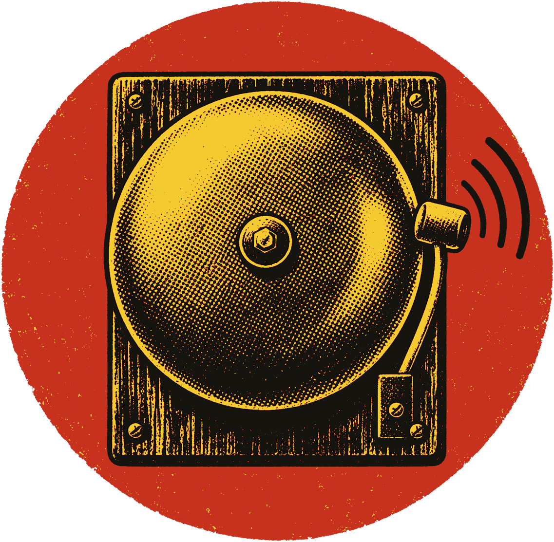 A boxing ring bell on a wooden board, with a striker touching its rim, in front of a red sun