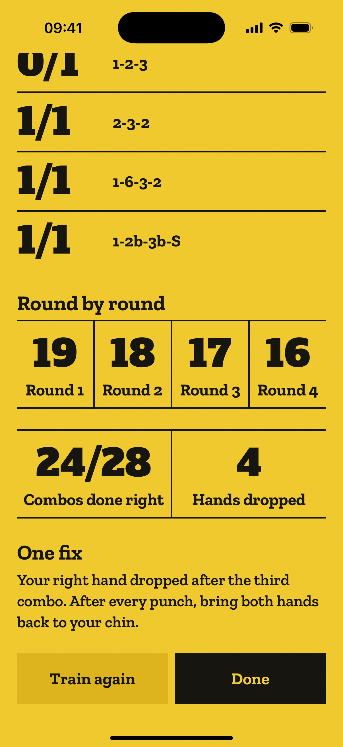 The round summary: punches by combo, combos done right, hands dropped, and one fix