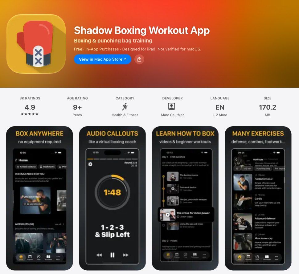 The Shadow Boxing Workout App's US App Store page: 4.9 stars from 3K ratings, and screenshots headed Box anywhere, Audio callouts, Learn how to box, and Many exercises.