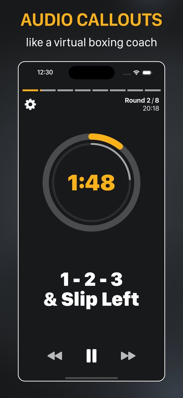 Shadow Boxing Workout App screenshot: a dark round screen with a ring timer at 1:48 and the call 1 - 2 - 3 and Slip Left in large letters.