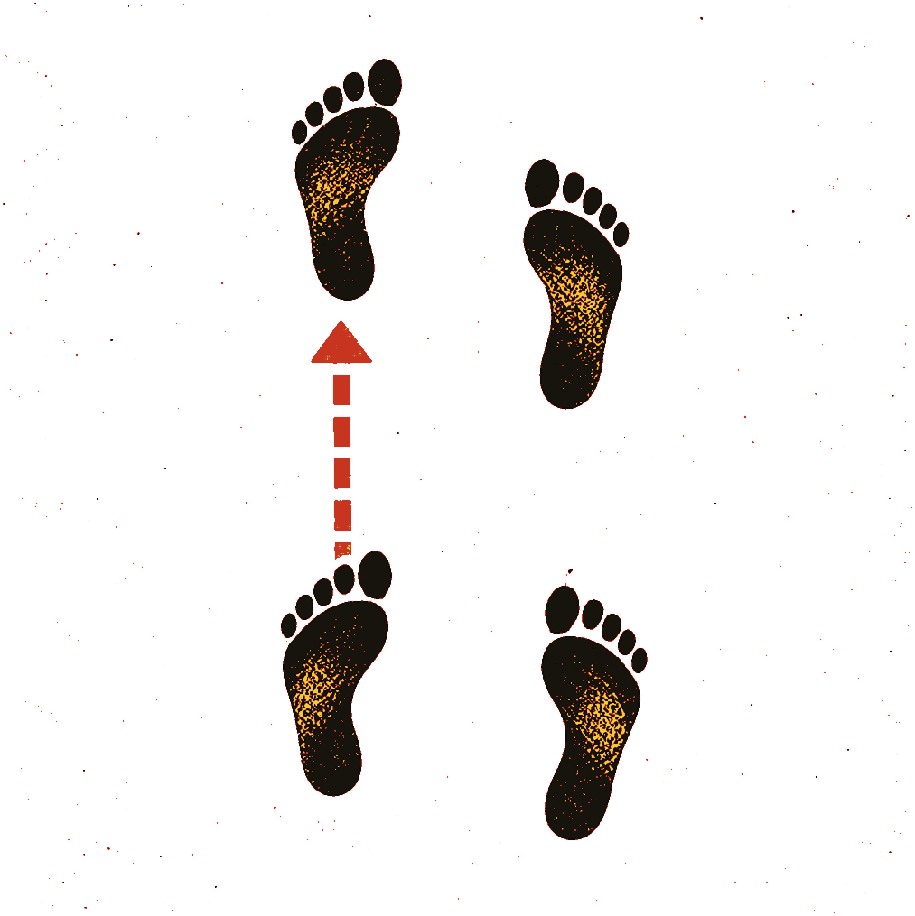 Footprints seen from above: both feet side by side, then the left foot stepped forward into an orthodox stance