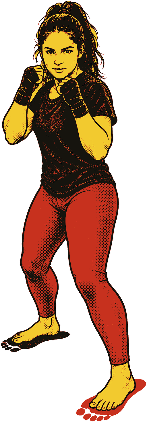 A woman in an orthodox stance, barefoot: left foot forward, right foot back, knees soft, fists at her chin
