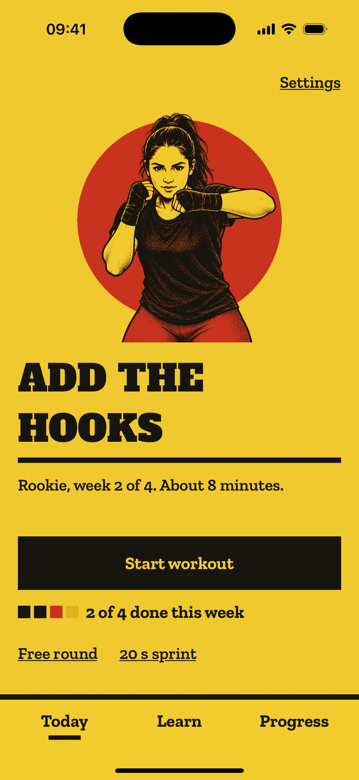 Today screen: week 2 of 4, Add the hooks, about 8 minutes, and the Start workout button