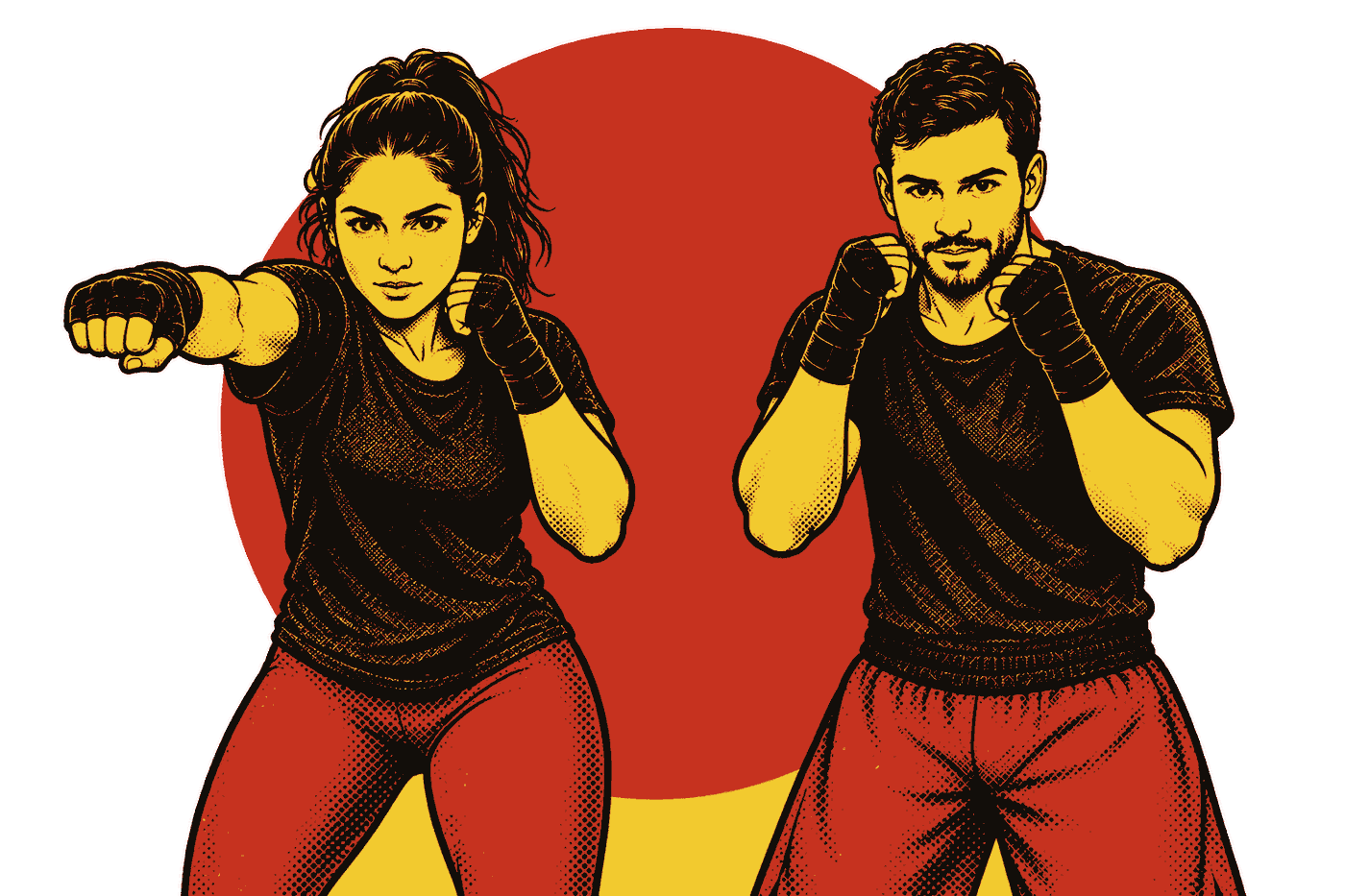 A woman throwing a jab next to a man in guard, printed in black and red under a red sun